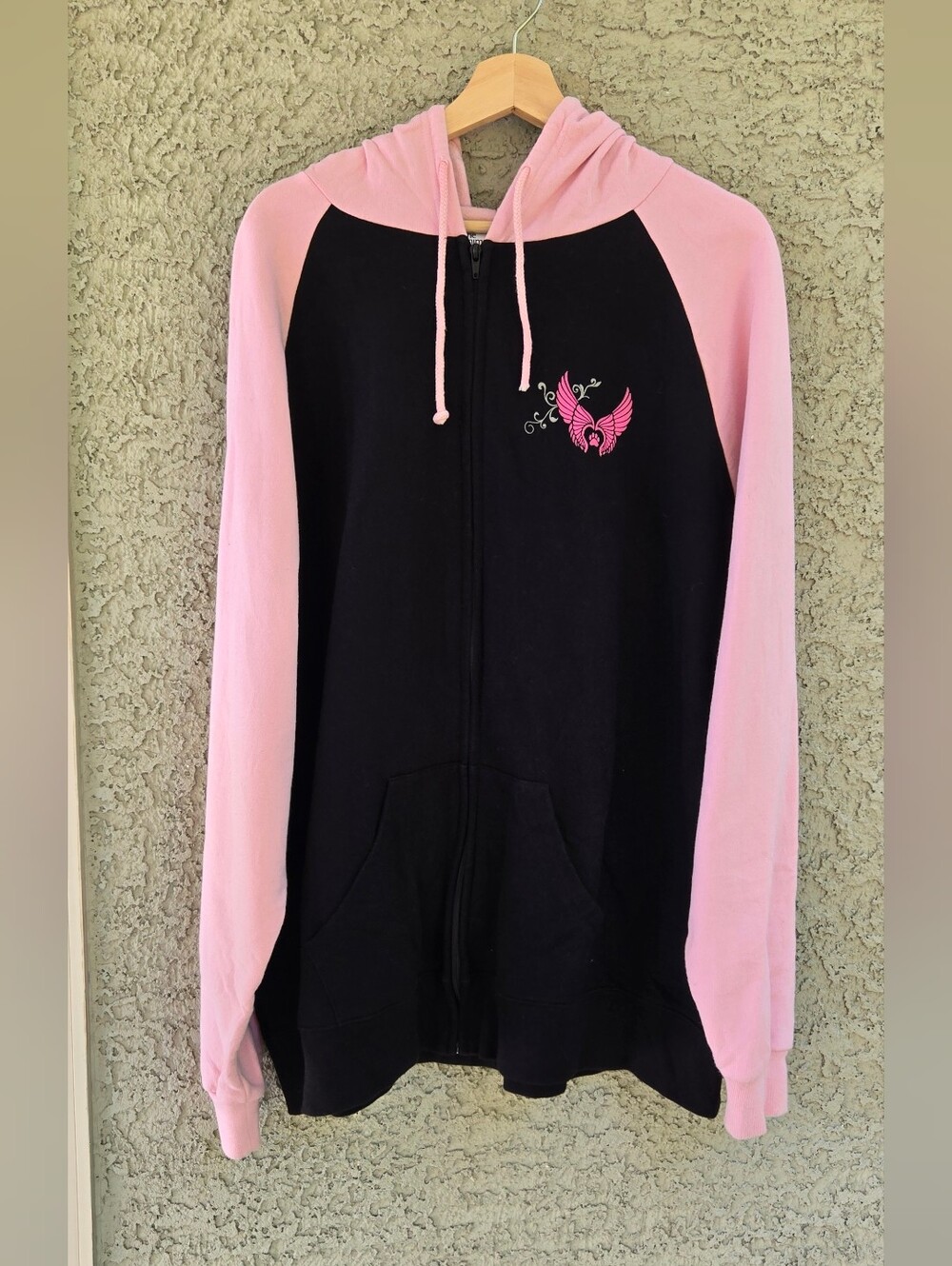 Animal Rescue Site Black and Pink Hooded Zip-Up Hoodie with Heart Wings